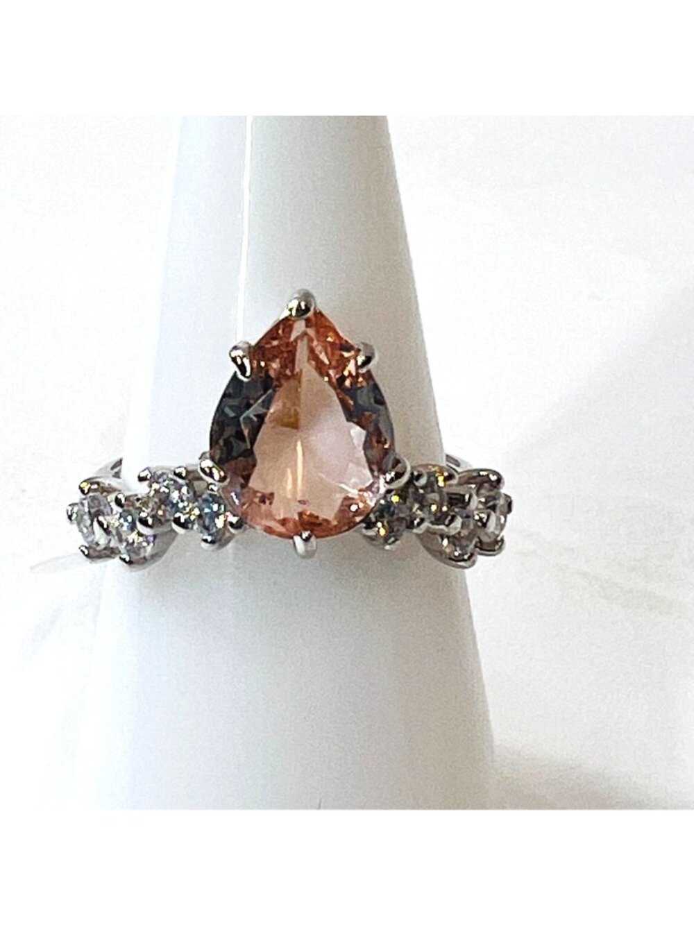Ring Bomb Party Ring # 3014, LC peach quartz, rhodium plated, size 6
